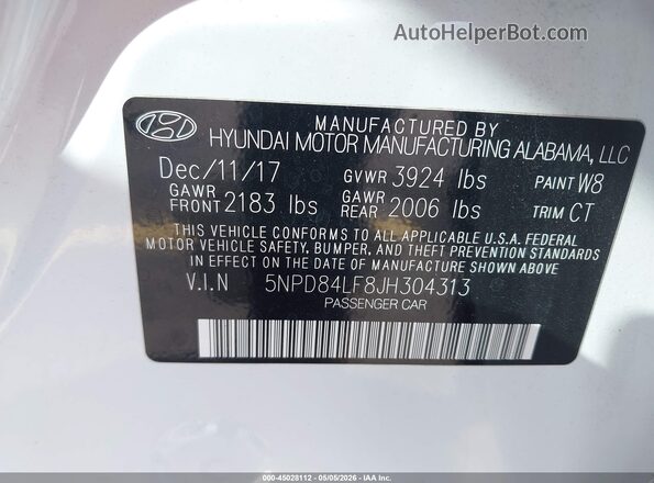 5NPD84LF8JH304313 2018 HYUNDAI ELANTRA White ძრავის განყოფილების ხედი