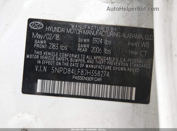 5NPD84LF8JH358274 2018 HYUNDAI ELANTRA Белый 