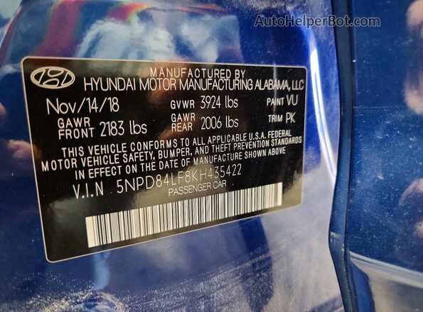 5NPD84LF8KH435422 2019 HYUNDAI ELANTRA Blue ძრავის განყოფილების ხედი