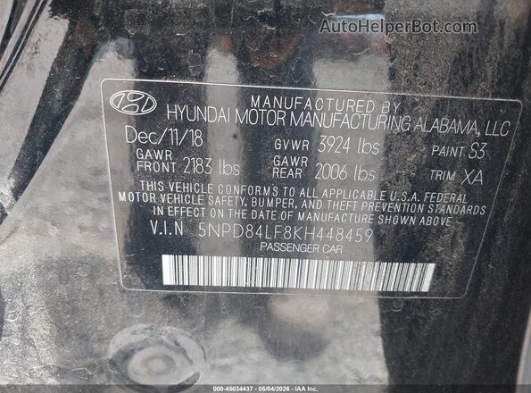 5NPD84LF8KH448459 2019 HYUNDAI ELANTRA Black ძრავის განყოფილების ხედი