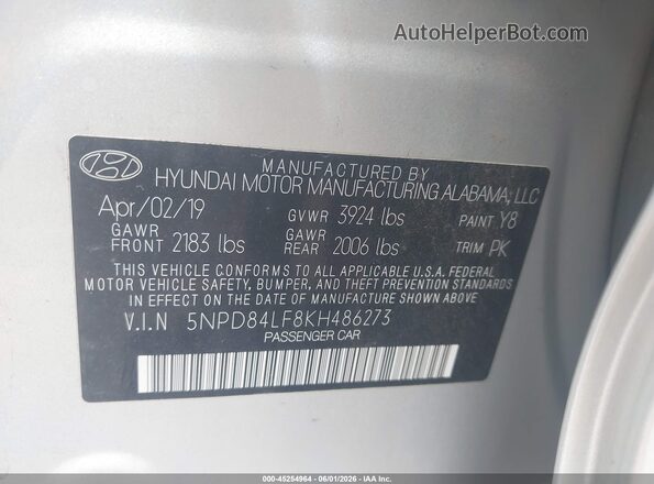 5NPD84LF8KH486273 2019 HYUNDAI ELANTRA Silver 