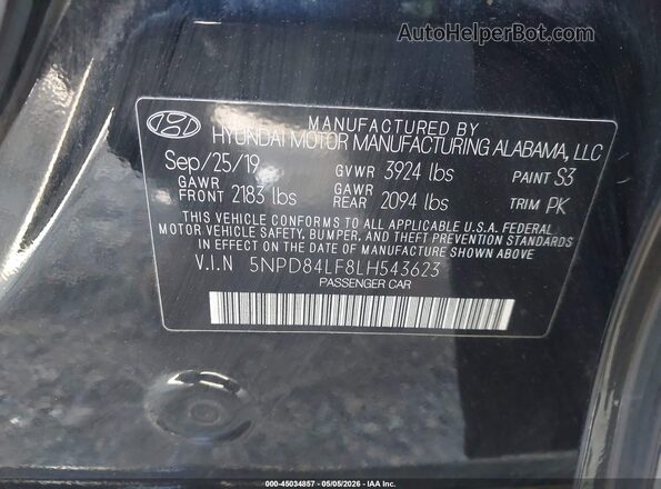 5NPD84LF8LH543623 2020 HYUNDAI ELANTRA Black Vista del compartimento del motor