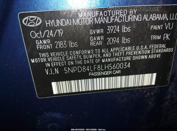 5NPD84LF8LH560034 2020 HYUNDAI ELANTRA Blue Widok komory silnika