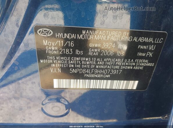 5NPD84LF9HH073917 2017 HYUNDAI ELANTRA Blue 