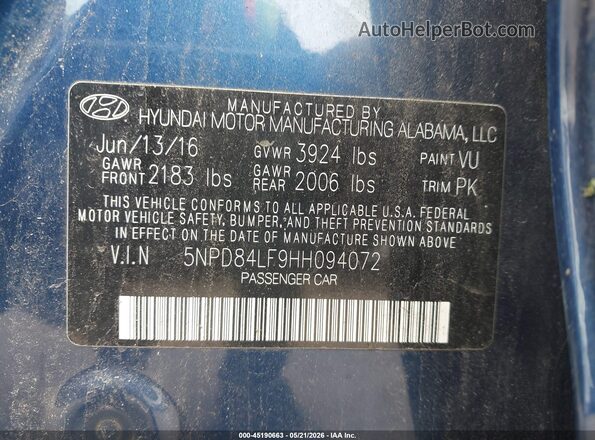 5NPD84LF9HH094072 2017 HYUNDAI ELANTRA Blue 