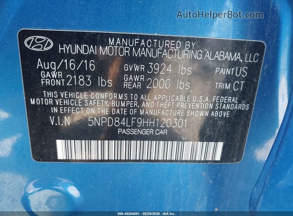 5NPD84LF9HH120301 2017 HYUNDAI ELANTRA Blue Engine compartment view