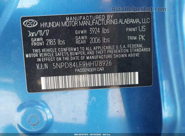5NPD84LF9HH178926 2017 HYUNDAI ELANTRA Blue Vista del compartimento del motor