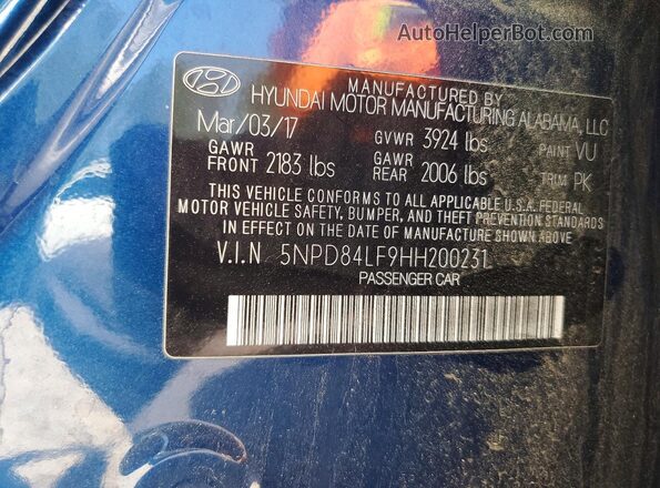 5NPD84LF9HH200231 2017 HYUNDAI ELANTRA Blue VIN sticker view