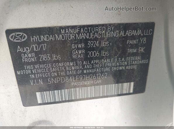 5NPD84LF9JH261262 2018 HYUNDAI ELANTRA Silver ძრავის განყოფილების ხედი