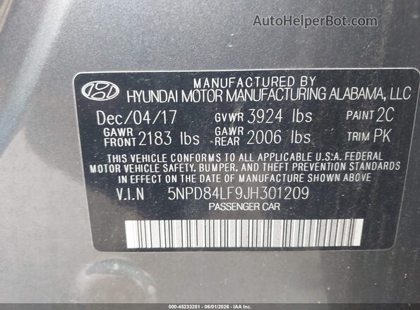 5NPD84LF9JH301209 2018 HYUNDAI ELANTRA Gray 
