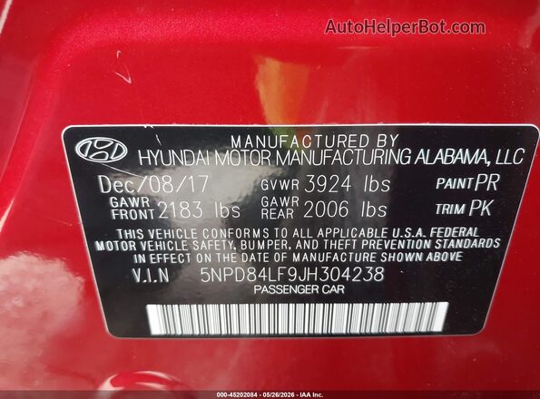 5NPD84LF9JH304238 2018 HYUNDAI ELANTRA Red Вид підкапотного простору