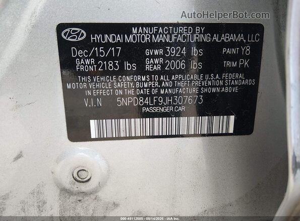 5NPD84LF9JH307673 2018 HYUNDAI ELANTRA White Engine compartment view