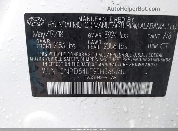 5NPD84LF9JH365170 2018 HYUNDAI ELANTRA White 