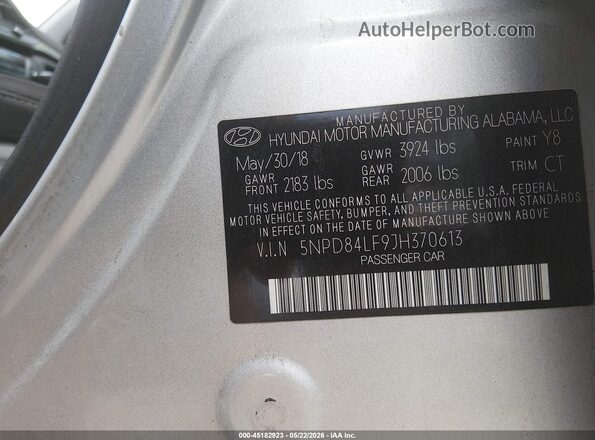 5NPD84LF9JH370613 2018 HYUNDAI ELANTRA Silver Vista del compartimento del motor