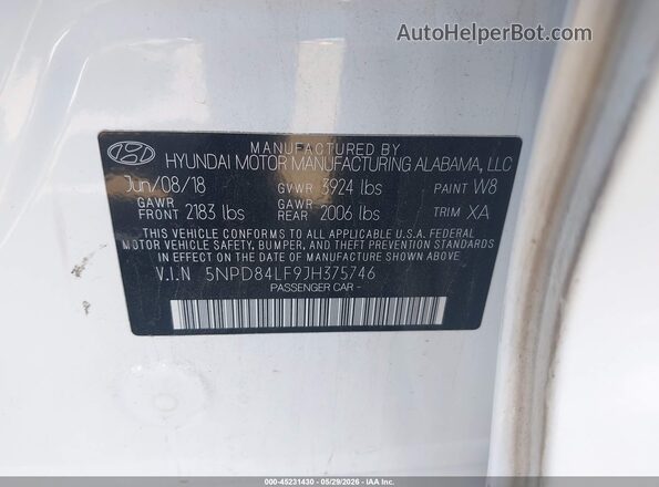 5NPD84LF9JH375746 2018 HYUNDAI ELANTRA White 