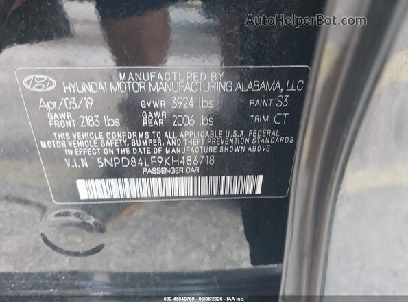 5NPD84LF9KH486718 2019 HYUNDAI ELANTRA Black ძრავის განყოფილების ხედი