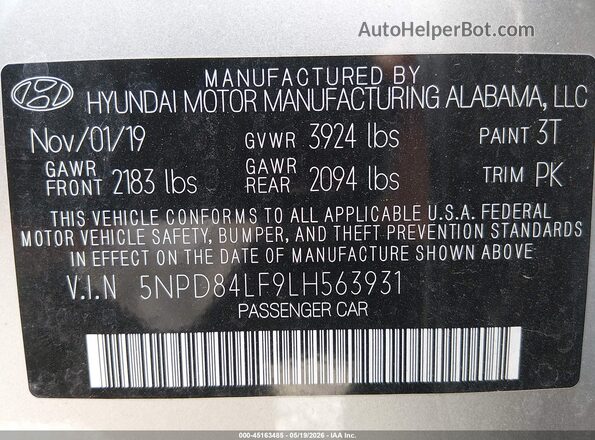 5NPD84LF9LH563931 2020 HYUNDAI ELANTRA Silver Widok komory silnika