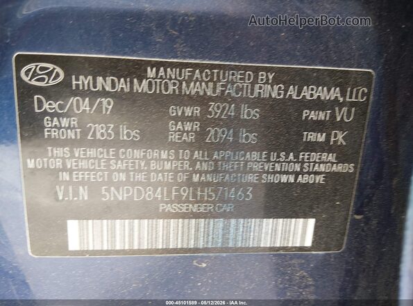 5NPD84LF9LH571463 2020 HYUNDAI ELANTRA Blue Շարժիչի բաժամունքի տեսք