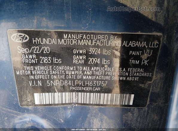 5NPD84LF9LH631757 2020 HYUNDAI ELANTRA Blue Widok komory silnika