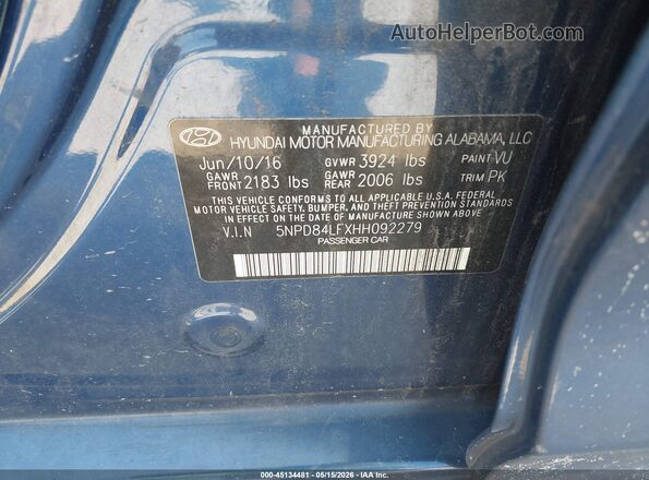 5NPD84LFXHH092279 2017 HYUNDAI ELANTRA Blue ძრავის განყოფილების ხედი