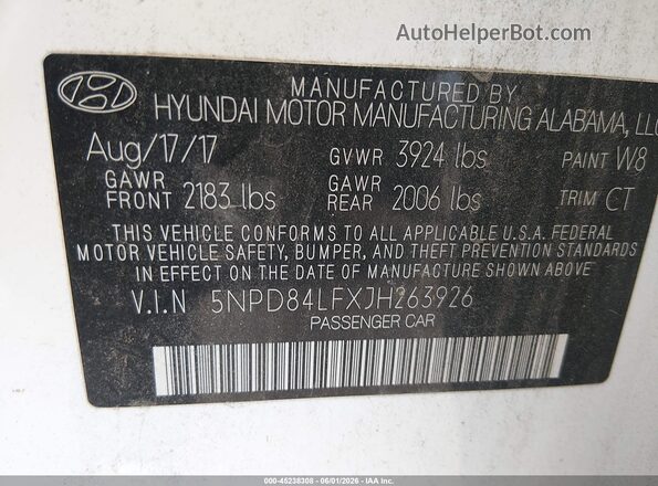5NPD84LFXJH263926 2018 HYUNDAI ELANTRA White ძრავის განყოფილების ხედი
