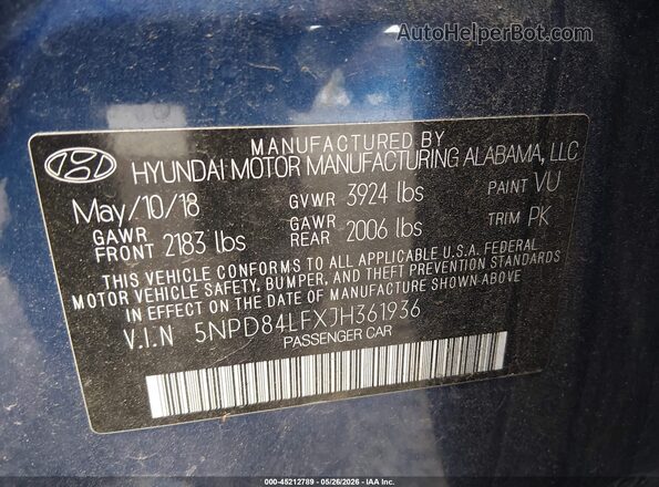 5NPD84LFXJH361936 2018 HYUNDAI ELANTRA Blue 
