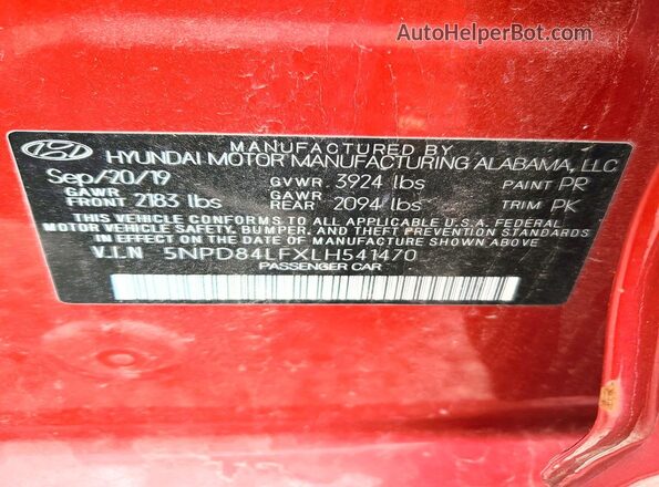 5NPD84LFXLH541470 2020 HYUNDAI ELANTRA Red 