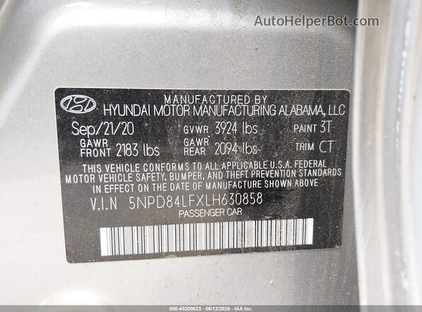 5NPD84LFXLH630858 2020 HYUNDAI ELANTRA Silver Շարժիչի բաժամունքի տեսք