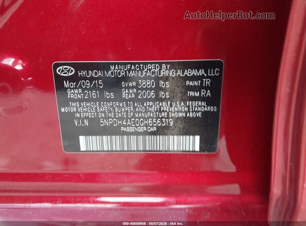 5NPDH4AE0GH656319 2016 HYUNDAI ELANTRA Red Вид підкапотного простору