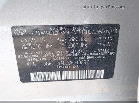 5NPDH4AE0GH718897 2016 HYUNDAI ELANTRA Silver 