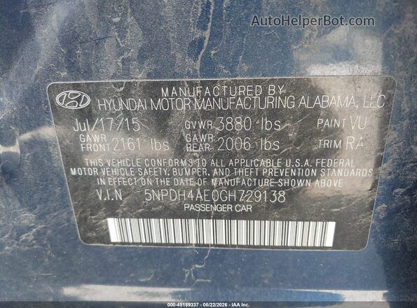5NPDH4AE0GH729138 2016 HYUNDAI ELANTRA Blue Engine compartment view