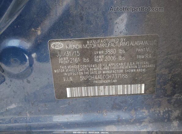 5NPDH4AE0GH737188 2016 HYUNDAI ELANTRA Blue 