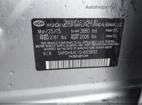 5NPDH4AE1GH665692 2016 HYUNDAI ELANTRA Silver 