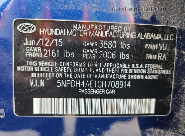 5NPDH4AE1GH708914 2016 HYUNDAI ELANTRA Blue 