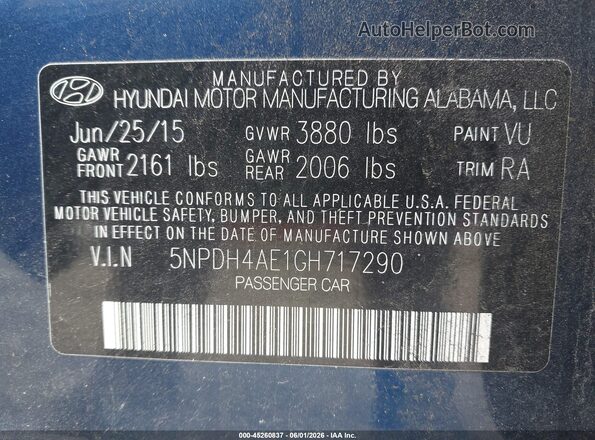 5NPDH4AE1GH717290 2016 HYUNDAI ELANTRA Blue Vista del compartimento del motor