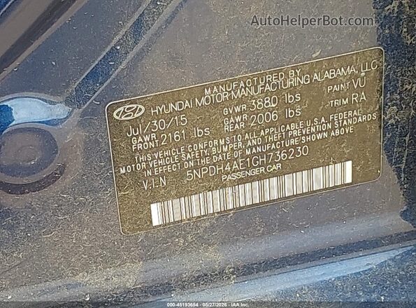5NPDH4AE1GH736230 2016 HYUNDAI ELANTRA Blue Вид підкапотного простору