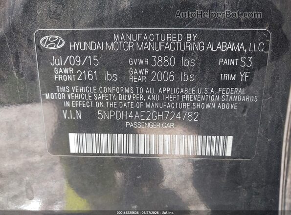 5NPDH4AE2GH724782 2016 HYUNDAI ELANTRA Black Շարժիչի բաժամունքի տեսք