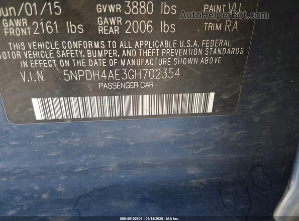 5NPDH4AE3GH702354 2016 HYUNDAI ELANTRA Blue Շարժիչի բաժամունքի տեսք