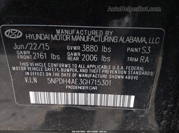5NPDH4AE3GH715301 2016 HYUNDAI ELANTRA Black 