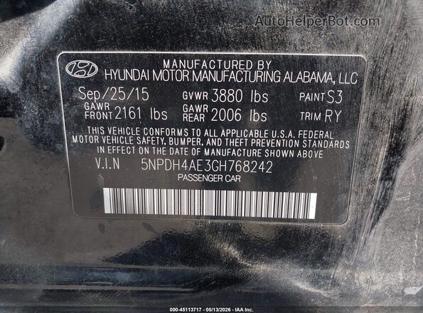 5NPDH4AE3GH768242 2016 HYUNDAI ELANTRA Черный Вид подкапотного пространства