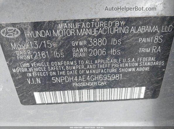 5NPDH4AE4GH695981 2016 HYUNDAI ELANTRA Silver Widok komory silnika