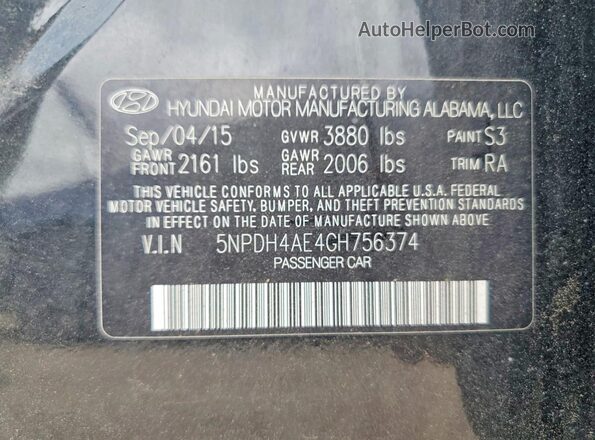 5NPDH4AE4GH756374 2016 HYUNDAI ELANTRA Black 