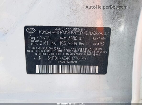 5NPDH4AE4GH770095 2016 HYUNDAI ELANTRA White 