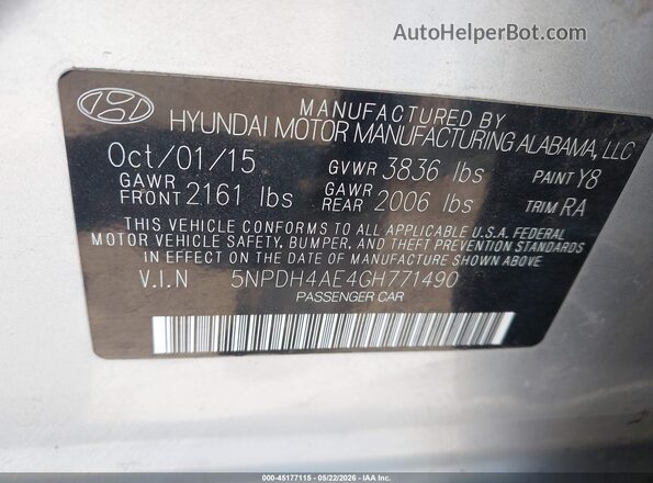 5NPDH4AE4GH771490 2016 HYUNDAI ELANTRA Silver ძრავის განყოფილების ხედი