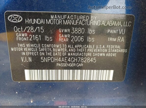 5NPDH4AE4GH782845 2016 HYUNDAI ELANTRA Blue Շարժիչի բաժամունքի տեսք