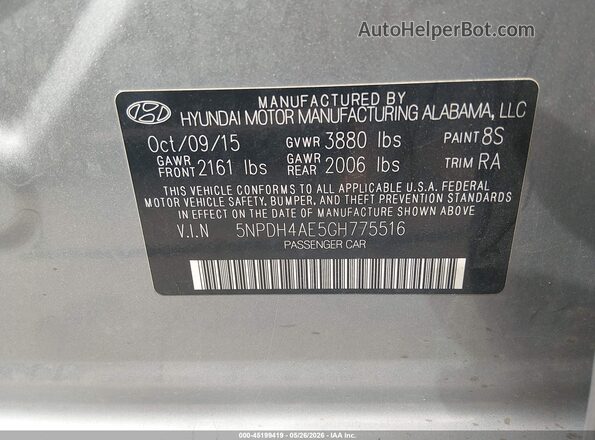5NPDH4AE5GH775516 2016 HYUNDAI ELANTRA Gray Vista del compartimento del motor