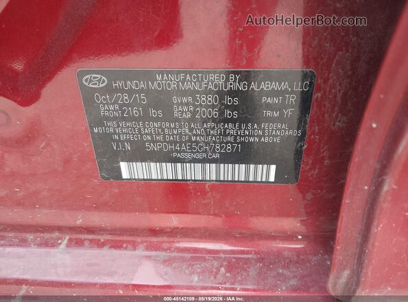 5NPDH4AE5GH782871 2016 HYUNDAI ELANTRA Burgundy Շարժիչի բաժամունքի տեսք