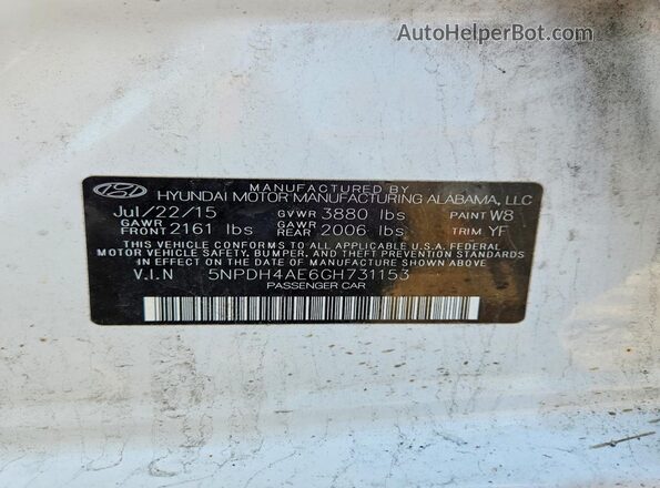 5NPDH4AE6GH731153 2016 HYUNDAI ELANTRA Белый 