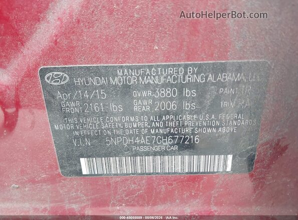 5NPDH4AE7GH677216 2016 HYUNDAI ELANTRA Red 