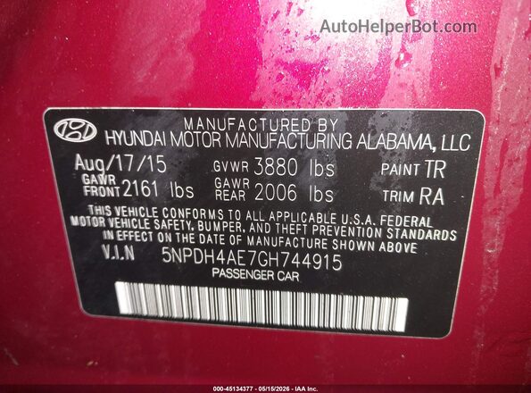 5NPDH4AE7GH744915 2016 HYUNDAI ELANTRA Red Engine compartment view